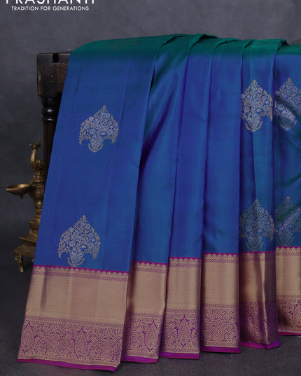 Pure kanchipuram silk saree dual tone greenish blue and purple with silver & gold zari woven buttas and rich zari woven border