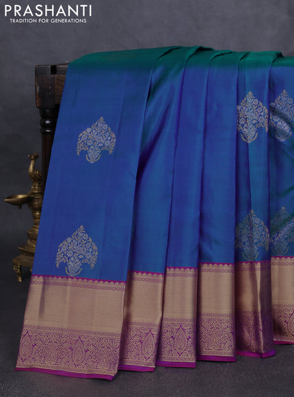 Pure kanchipuram silk saree dual tone greenish blue and purple with silver & gold zari woven buttas and rich zari woven border