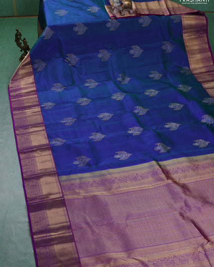 Pure kanchipuram silk saree dual tone greenish blue and purple with silver & gold zari woven buttas and rich zari woven border