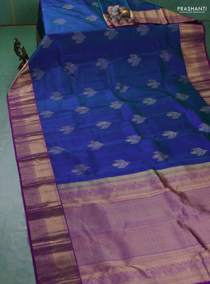 Pure kanchipuram silk saree dual tone greenish blue and purple with silver & gold zari woven buttas and rich zari woven border