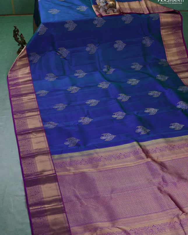 Pure kanchipuram silk saree dual tone greenish blue and purple with silver & gold zari woven buttas and rich zari woven border