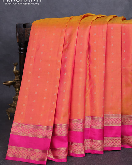 Pure kanchipuram silk saree dual tone yellowish pink and pink with allover zari woven 1000 buttas and rettapet zari woven border