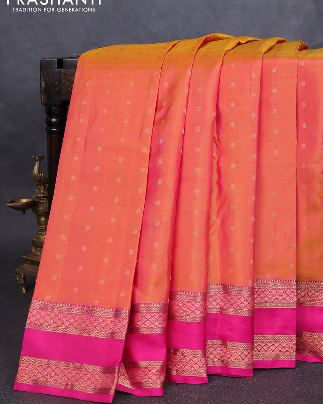 Pure kanchipuram silk saree dual tone yellowish pink and pink with allover zari woven 1000 buttas and rettapet zari woven border
