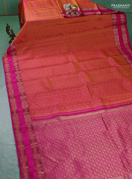 Pure kanchipuram silk saree dual tone yellowish pink and pink with allover zari woven 1000 buttas and rettapet zari woven border