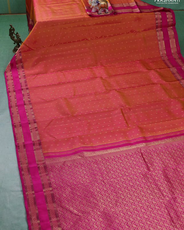 Pure kanchipuram silk saree dual tone yellowish pink and pink with allover zari woven 1000 buttas and rettapet zari woven border