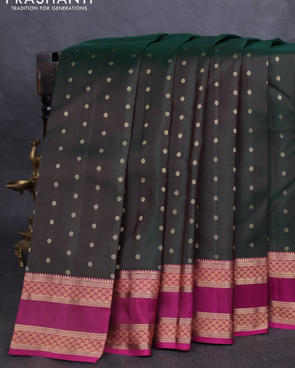 Pure kanchipuram silk saree bottle green and magenta pink with allover zari woven 1000 buttas and rettapet zari woven border