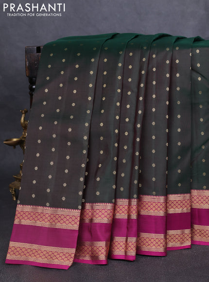 Pure kanchipuram silk saree bottle green and magenta pink with allover zari woven 1000 buttas and rettapet zari woven border