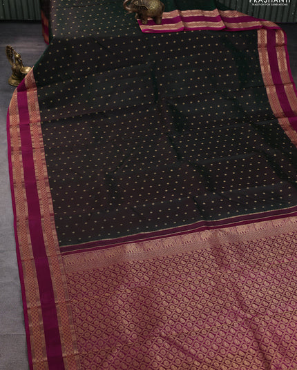 Pure kanchipuram silk saree bottle green and magenta pink with allover zari woven 1000 buttas and rettapet zari woven border
