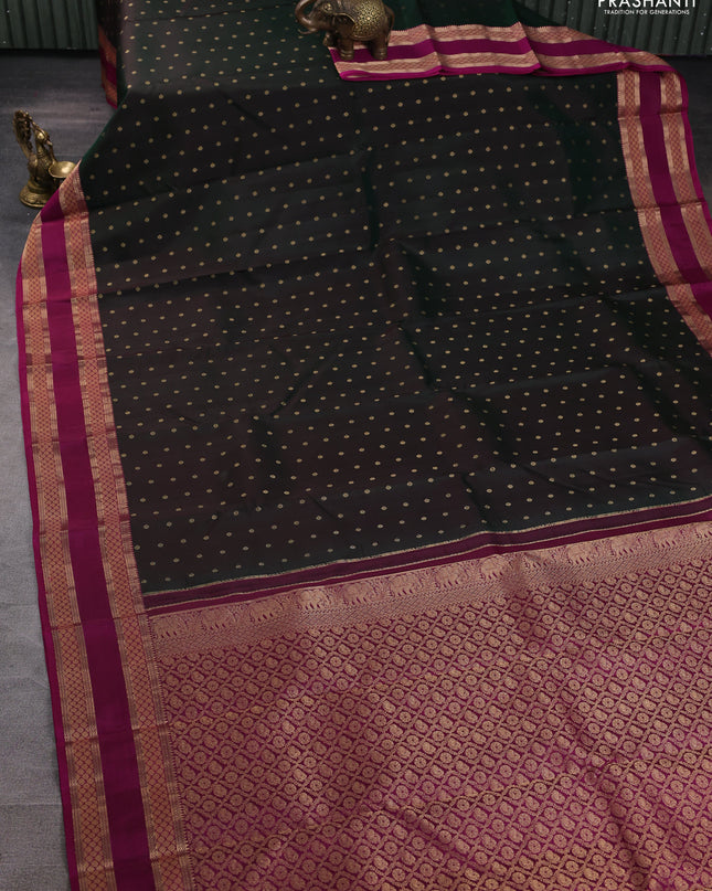 Pure kanchipuram silk saree bottle green and magenta pink with allover zari woven 1000 buttas and rettapet zari woven border