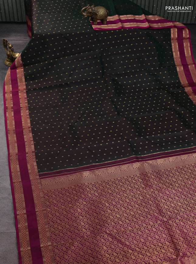 Pure kanchipuram silk saree bottle green and magenta pink with allover zari woven 1000 buttas and rettapet zari woven border
