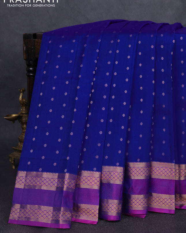 Pure kanchipuram silk saree royal blue and purple with allover zari woven 1000 buttas and rettapet zari woven border
