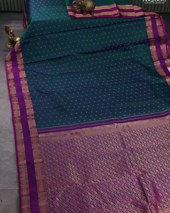 Pure kanchipuram silk saree dual tone peacock green and purple with allover zari woven 1000 buttas and rettapet zari woven border