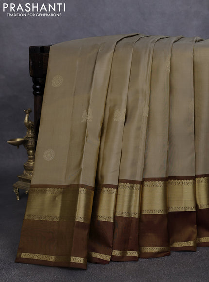 Pure kanchipuram silk saree elaichi green and brown with zari woven buttas and rettapet zari woven border