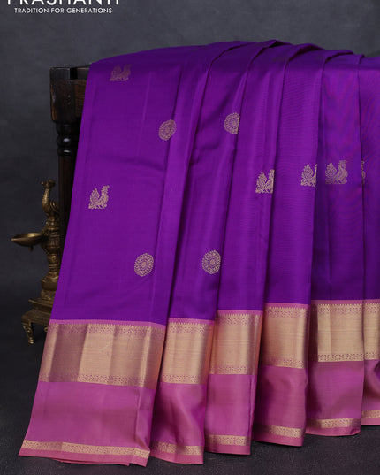 Pure kanchipuram silk saree purple and pastel peach pink with zari woven buttas and rettapet zari woven border