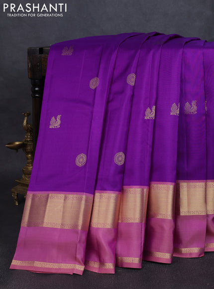 Pure kanchipuram silk saree purple and pastel peach pink with zari woven buttas and rettapet zari woven border