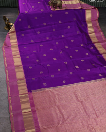 Pure kanchipuram silk saree purple and pastel peach pink with zari woven buttas and rettapet zari woven border