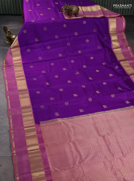 Pure kanchipuram silk saree purple and pastel peach pink with zari woven buttas and rettapet zari woven border