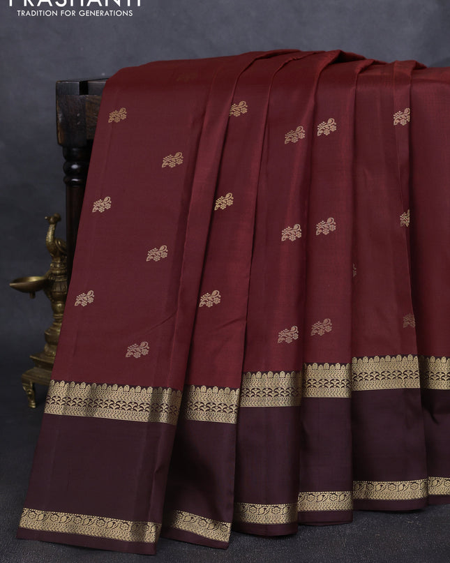 Pure kanchipuram silk saree rustic orange and coffee brown with zari woven buttas and rettapet zari woven border