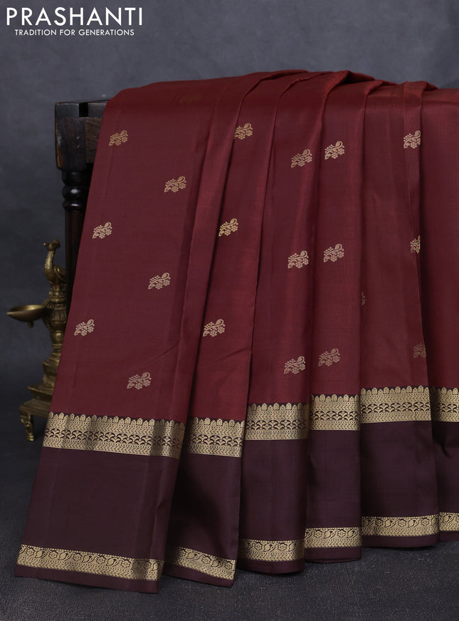 Pure kanchipuram silk saree rustic orange and coffee brown with zari woven buttas and rettapet zari woven border