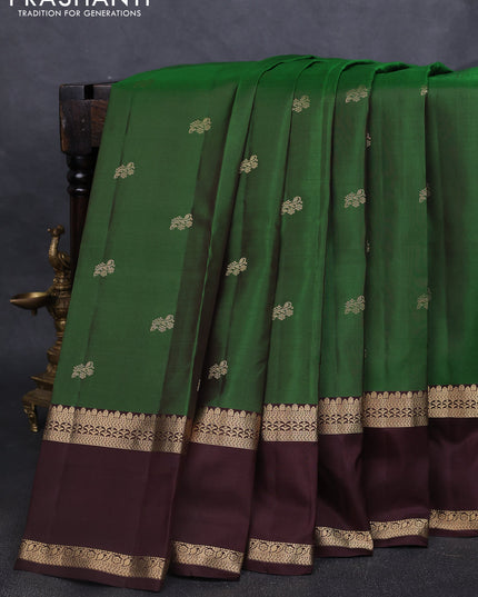 Pure kanchipuram silk saree green and coffee brown with zari woven buttas and rettapet zari woven border