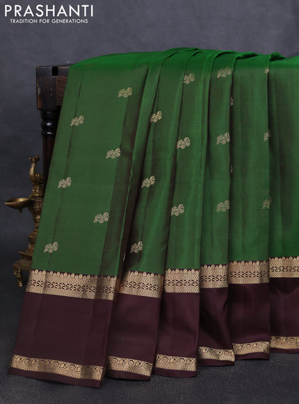 Pure kanchipuram silk saree green and coffee brown with zari woven buttas and rettapet zari woven border