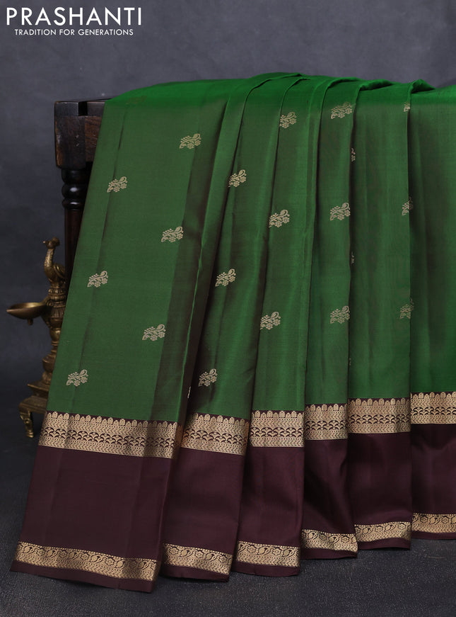 Pure kanchipuram silk saree green and coffee brown with zari woven buttas and rettapet zari woven border
