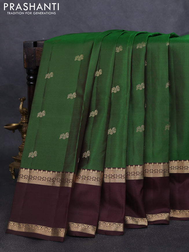 Pure kanchipuram silk saree green and coffee brown with zari woven buttas and rettapet zari woven border