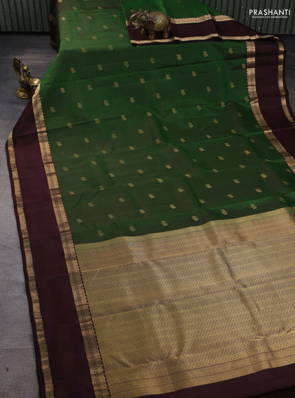 Pure kanchipuram silk saree green and coffee brown with zari woven buttas and rettapet zari woven border