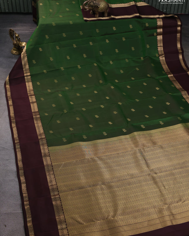 Pure kanchipuram silk saree green and coffee brown with zari woven buttas and rettapet zari woven border