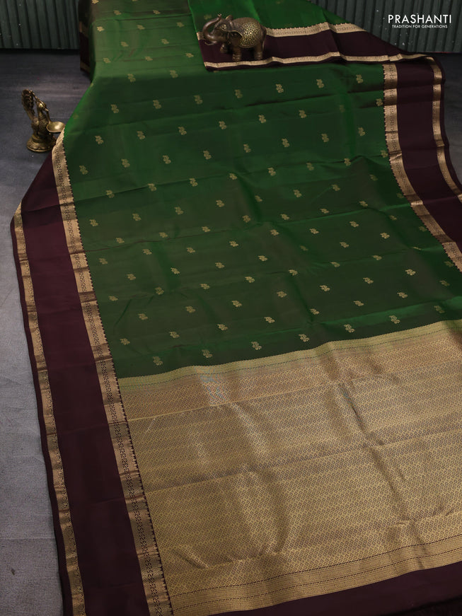 Pure kanchipuram silk saree green and coffee brown with zari woven buttas and rettapet zari woven border