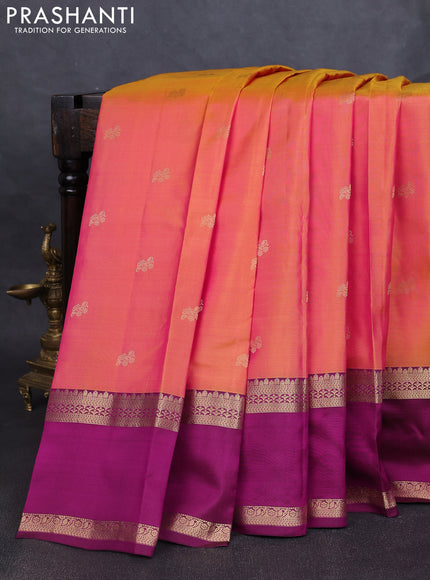 Pure kanchipuram silk saree dual shade of yellowish pink and dark magenta pink with zari woven buttas and rettapet zari woven border