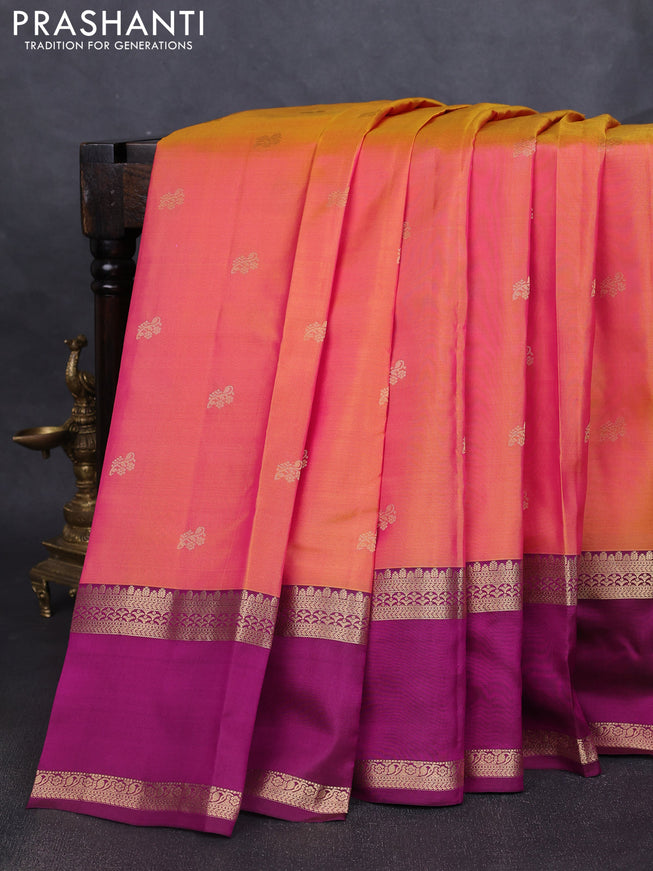 Pure kanchipuram silk saree dual shade of yellowish pink and dark magenta pink with zari woven buttas and rettapet zari woven border