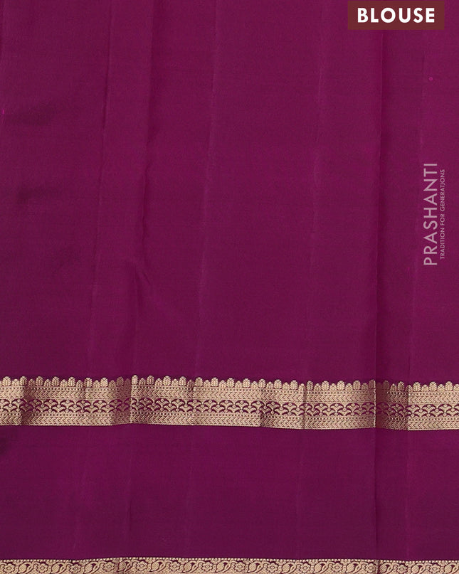 Pure kanchipuram silk saree dual shade of yellowish pink and dark magenta pink with zari woven buttas and rettapet zari woven border