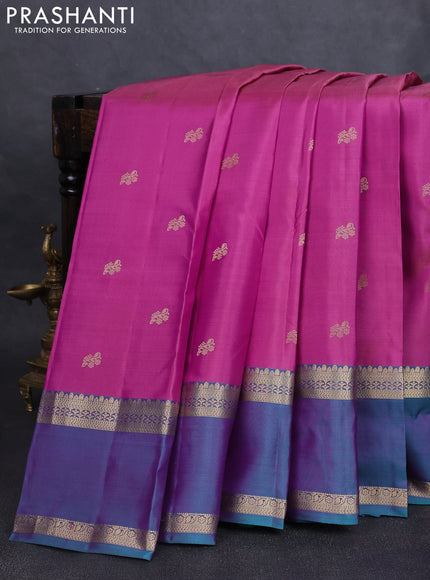 Pure kanchipuram silk saree mauve pink and dual shade of teal green with zari woven buttas and rettapet zari woven border