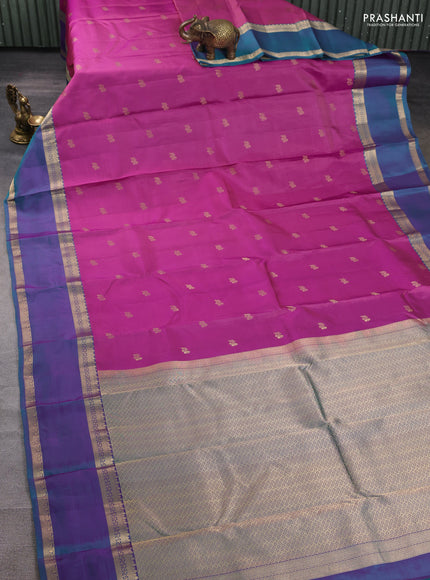 Pure kanchipuram silk saree mauve pink and dual shade of teal green with zari woven buttas and rettapet zari woven border