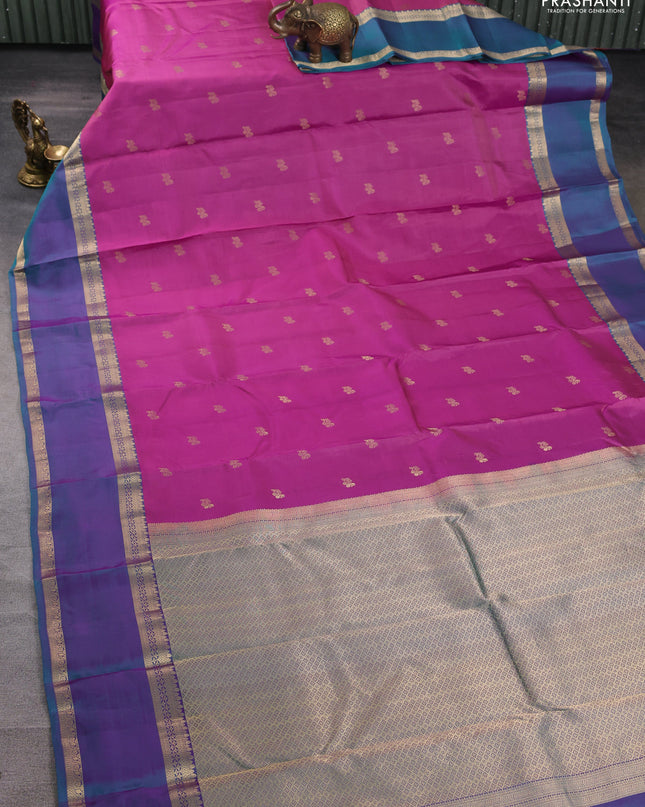 Pure kanchipuram silk saree mauve pink and dual shade of teal green with zari woven buttas and rettapet zari woven border