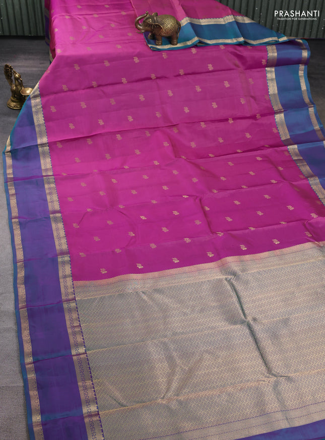 Pure kanchipuram silk saree mauve pink and dual shade of teal green with zari woven buttas and rettapet zari woven border