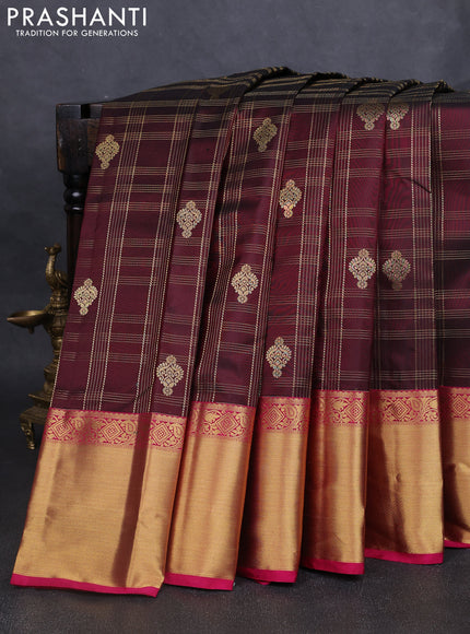 Pure kanchipuram silk saree deep maroon and pink with allover zari checks & buttas and rich zari woven border