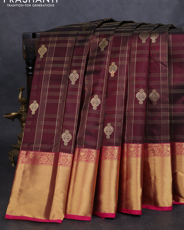 Pure kanchipuram silk saree deep maroon and pink with allover zari checks & buttas and rich zari woven border