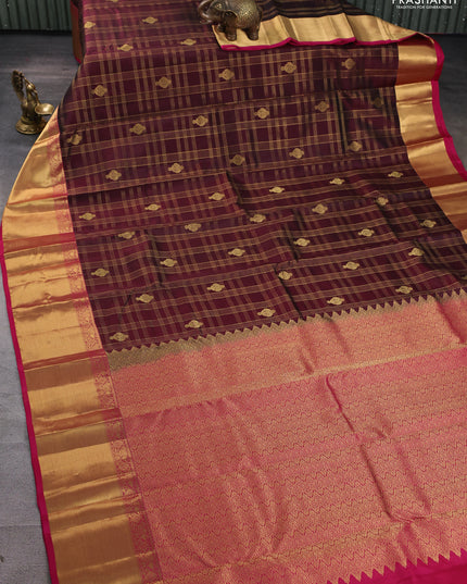 Pure kanchipuram silk saree deep maroon and pink with allover zari checks & buttas and rich zari woven border
