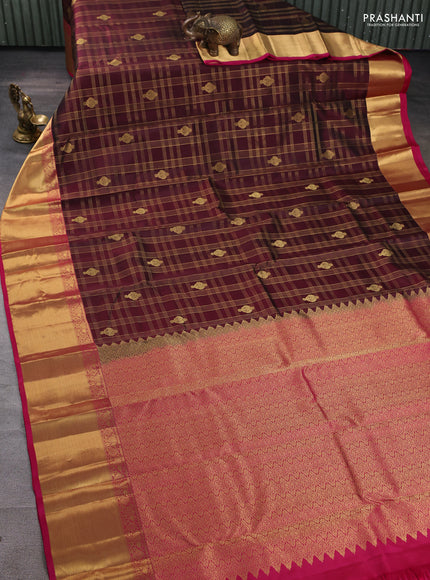 Pure kanchipuram silk saree deep maroon and pink with allover zari checks & buttas and rich zari woven border