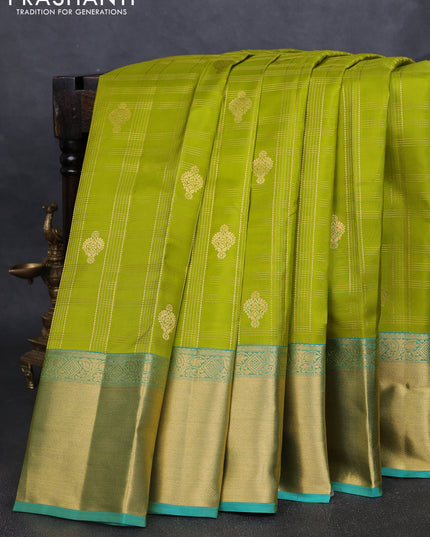 Pure kanchipuram silk saree lime green and teal blue with allover zari checks & buttas and rich zari woven border