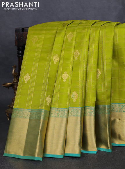Pure kanchipuram silk saree lime green and teal blue with allover zari checks & buttas and rich zari woven border