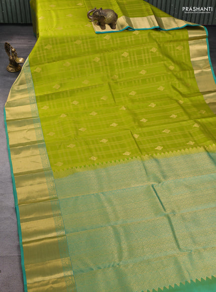 Pure kanchipuram silk saree lime green and teal blue with allover zari checks & buttas and rich zari woven border