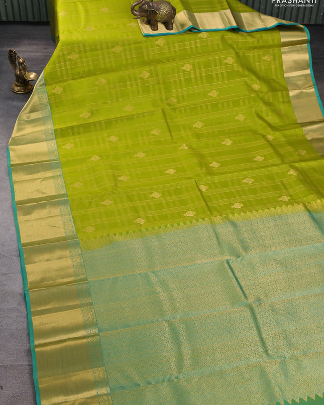 Pure kanchipuram silk saree lime green and teal blue with allover zari checks & buttas and rich zari woven border