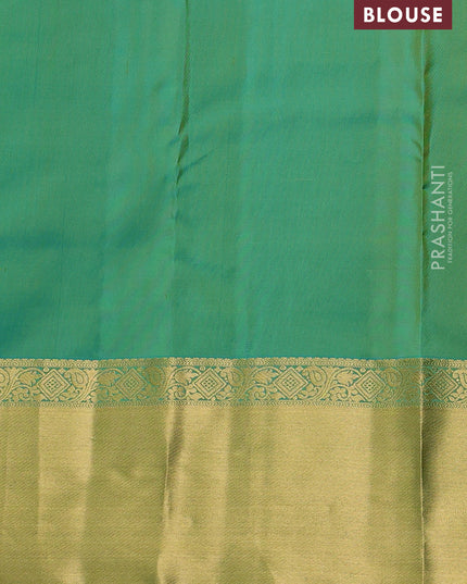 Pure kanchipuram silk saree lime green and teal blue with allover zari checks & buttas and rich zari woven border