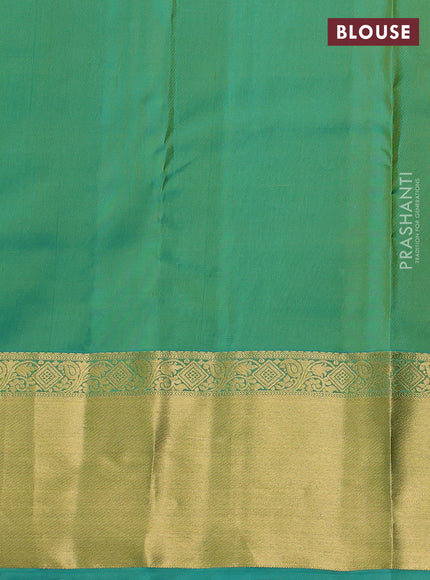Pure kanchipuram silk saree lime green and teal blue with allover zari checks & buttas and rich zari woven border
