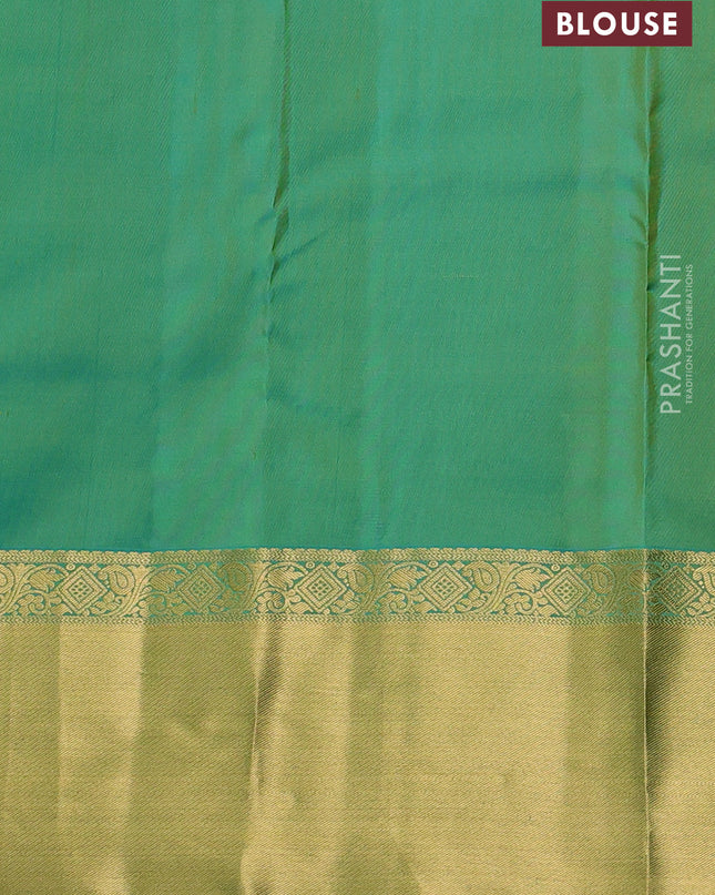 Pure kanchipuram silk saree lime green and teal blue with allover zari checks & buttas and rich zari woven border