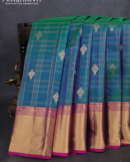 Pure kanchipuram silk saree dual tone teal green and pink with allover zari checks & buttas and rich zari woven border