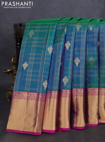 Pure kanchipuram silk saree dual tone teal green and pink with allover zari checks & buttas and rich zari woven border